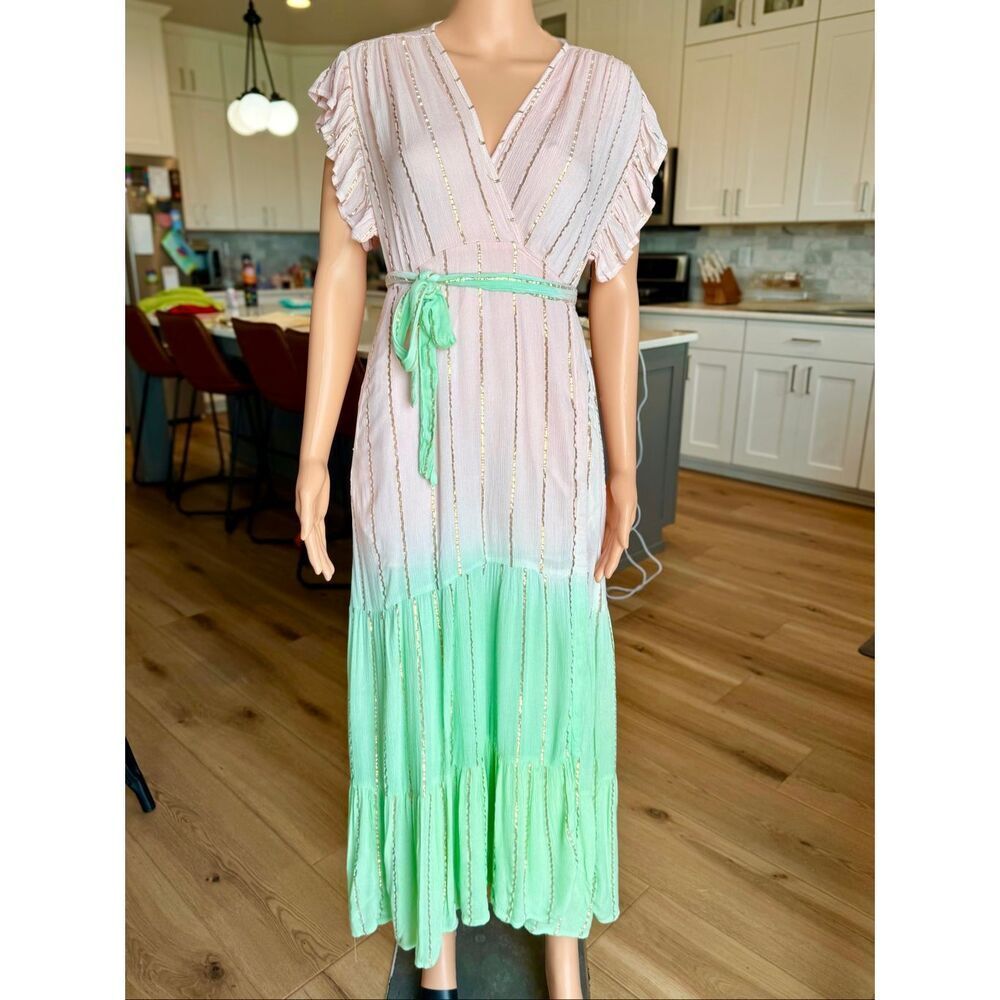 Zury Pastel Pink Mint Green Gold Metallic Stripe Wrap Ruffle Boho Maxi Dress OS - Picture 2 of 8